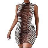 Komiseup Damen Sexy Tiefes V ärmellos Streifen Slim Fit Hüfte Neckholder Kleid Schlanker Körper Overall Clubkleid Partykleid Nachtclubkleid Minik