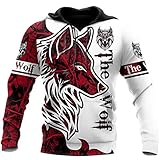 Harajuku Kapuzenpullover mit Tierwolf-Tattoo-Motiv, 3D-Druck, Reißverschluss, modisch, Unisex, lässiger Pullover, Hoodie, S