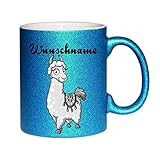 Crealuxe Glitzertasse (Dunkelblau) Alpaka Motiv (Wunschname) - Kaffeetasse, Bedruckte Tasse mit Sprüchen oder Bildern, Bürotasse,