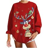 Damen Weihnachtspulli Pulli Shirt Oberteile Oversized Sweatshirt Klassisch Rentier Muster Weihnachtspullover Mode Rundhals Langarmshirt Weihnachtspulli Herbst Winter Vintage Bluse Top