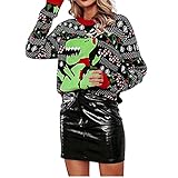 Weihnachten Pullover Damen Strickpullover Süßes Dinosaurier Print Langarmshirt Pulli Langarm Casual Sweater Sweatshirt Oberteile Streifenpullover Tops Outw