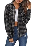 Enjoyoself Damen Kariertes Hemd 100% Baumwolle Langarm Holzfällerhemd Button-down Karobluse für Alltag Oktoberfest Dunkelblau,S