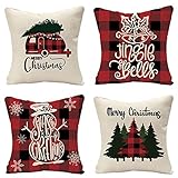 4 Stück Kissenbezug Weihnachten Weihnachtskissenbezug Dekokissen Xmas Deko Hirsch Rot Christmas Pillow Cushion Covers Leinen Weihnachten Deko Kissenbezug 45x45