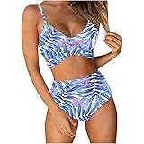 Orgrul Damen Rüschen Bikini Sets 2-Teile Push Up Bandeanzug Strandmode Triangel Oberteil Hoch Taille Hose Sets 1D02 (XXL, Blau)