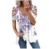 Primevip Damen Sommer Tops Sexy Reißverschluss V-Ausschnitt Bluse Gemütlich Hollow Out Print T-Shirt Kurzarm Casual Tuniken Plus-Size Blusen(Violett-A,L)