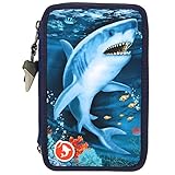 Depesche 11026 Dino World - Gefüllte 3-fach Federtasche mit LED im Underwater Design mit Hai Motiv, Federmappe ca. 7,5 x 13 x 20 cm groß, mit Filz- und Buntstiften, Lineal, Schere, Kleber,