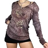 Yumeng Damen Casual Hoodies Y2K Hooded Tops Angel Wing Heart Printed Langarm V-Ausschnitt Pullover Sweatshirt Herbst Frühling, braun, 42