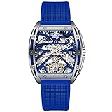 Steampunk Herren Automatik Mechanische Uhren Tonneau Rechteck Skeleton Zifferblatt Synthetischer Saphir Kristall Edelstahlgehäuse Silikonband Coole Einzigartige Sport Big Face Armbanduhr (147 BLAU)