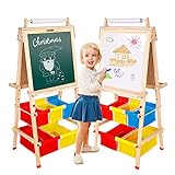 Kinderstaffelei aus Holz-Doppelseitige Kindertafel & Whiteboard stehend mit Papierrolle & Multi-Storage-Taschen für Kinder & Kleinkinder| Pädagogisches Geschenkspielzeug für Jungen und M