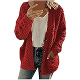 BOTCAM Strickmantel Damen Grobstrick übergrösse Cardigan Frauen Retro Einfarbig Langarm Fuzzy Fleece Jacken Mit Knöpfen Leichte Outdoorjacke Mit Taschen Teddy Fleecejacke Mädchen Kapuzenp