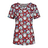 Pflege Kittel Damen Kasack Weihnachten Bunt Motiv Bluse T-Shirt Schlupfkasack mit Taschen Kurzarm Schlupfhemd Berufskleidung Krankenpfleger Zwei Taschen Uniformen Top