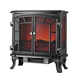 Kamin mit Doppel Offener Tür , Infrarot - Elektro - Kamin - Ofen - Heizung mit 3D - Flammeneffekt , W/Remote und Button , t Schutz , 1000W / 2000W , Black Metal - R