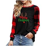 TRIGLICOLEUM Weihnachtspullover Damen Karierte Gespleißtes Langarmshirt Bluse Tunika mit Merry Christmas Schriftzug Lässige Gitter Raglan Oberteile Herbst Winter Leichter Sweater Sweatshirt Top