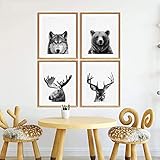 Schwarz Weiß Waldtiere Leinwand Poster Bär Elch Wolf Hirsch Moderne Fotografie Wand Bilder Bild Bilder Kinderzimmer Dekor Rahmenlos 40×50cm×4p