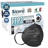 25x CE-zertifizierte FFP3-Masken Schwarz Made in Italy mit aufgedrucktem SICURA-Logo PFE ≥99% | BFE ≥99% SANIFIZIERT und einzeln versiegelt. ISO 13485 und ISO 9001