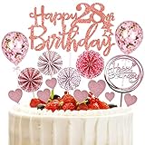 Conruich 28. Geburtstag Tortendeko Set Happy 28th Birthday Kuchen Topper Rose Gold Cupcake Topper mit Papierfächer und Konfetti Luftballons Glitzer Cake Topper für 28. Geburtstag Party Dek
