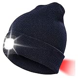 INHDBOX LED Mütze Kappe, Strickmütze mit USB Nachladbare Licht, Beleuchtung und blinkende Warnungs-Arten 8 LED, einfache Installation Vorne Hinten Scheinwerfer-Mütze, Unisex-Winterwärmer-Strickkapp