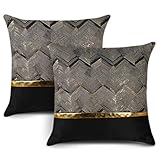 Artscope 2er Set Kissenbezug für Sofa Auto Schlafzimmer Luxuriöser Moderne Minimalist Goldenen Ledernähten Wellenstreifen Dekokissen Kissenhülle Kissen Fall 45x45cm (Schwarz)