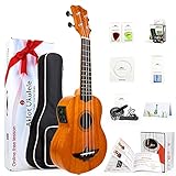 Aklot Elektrisch Sopran 21 Zoll Ukulele Solides Mahagoni Uke mit Kostenlosen Online Kurs Anfänger Starter-Set (Gigbag Plektren Gürtel Reinigungstuch für Saiten Anleitung Geschenkbox)