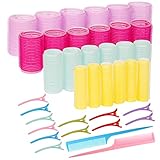 LLGLEU 38 Stücke Lockenwickler Set, 24 Stücke Klettwickler Halten Haarrolle Selbsthaftend von 44 mm, 36 mm, 25mm, 15mm und 12 entenschnabelclips zum Fixieren und 2 Kämme für Salon Barbier F