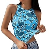 KIMODO Crop Top Damen Neues Bauchfrei Print Bluse Rundhals T-Shirt Tanktop Camisole T-Shirt Shirt Oberteil (A-Blau, L)