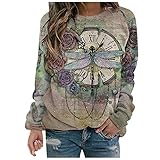 Masrin Mask Frauen Pullover Mode Blumen Libelle Print Sweatshirt Damen Langarm O-Ausschnitt Patchwork Shirts Herbst Winter Pullover Tops Bluse(XXXL,Beige)