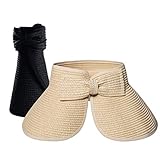 2 x Strohhut Damen (Beige & Schwarz), Faltbarer Sonnenhut mit Pferdeschwanz Loch, Strandhut Breite Krempe, Das Beste Sommer Reise Urlaub Accessoires für Haar MEHRWEG