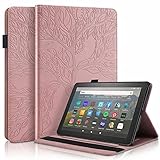 CRABOT Kompatibel mit Amazon Fire HD 8 (2018/2017/2016/2015 Release) Hülle Tablet Kompletter Schutz Stoßfest Anti-Fall Kratzfest Kartenschlitz Brieftasche Schutzhülle Prägung Lebensbaum-Roség