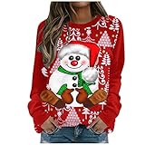 BIBOKAOKE Pullover Weihnachten Damen Rundhals Langarm Sweatshirt Patchwork Christmas Print Pullover Basic Langarmshirt Casual Oberteile für Frauen Longshirt Weihnachtsp