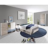 Jugendzimmer Kinderzimmer Komplett Set, Sandeiche mit weiß Lava blau, 140 x 200 cm Jugendbett Kojenbett, Kleiderschrank, Nachttisch,