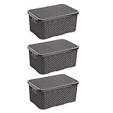 BranQ - Home essential Deckel Korb in Rattan Design 3er Set Grösse M 10l, Kunststoff PP, Anthrazit, 10 l, 3