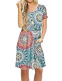 AUSELILY Sommerkleid Drucken Sie Grün L Damen Casual Plissee Loose Swing Freizeitkleid mit Taschen Knielang