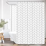 Riyidecor Clawfoot Wannen-Chevron-Duschvorhang, 452 x 178 cm, Badewanne, rundherum gewickelt, weiß, grau, grau, Fischgrätenmuster, rund, freistehend, oval, Polyester, extra breit, mit 32 Metallhak