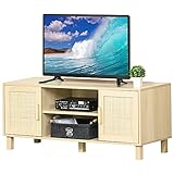 HOMCOM Fernsehtisch Lowboard TV-Bank TV-Kommode mit 2 Rattantüren und Offene Regale MDF Natur 115 x 40 x 48