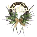 NOLITOY Blumenkranz Willkommensschild Hello Schild Lavendel Blumen Türschild Vintage Willkommen Wandschild für Sommer Türdeko Landhaus Haustür Deko Kranz Fensterdeko Rustikale Hochzeit Wanddek