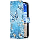 Uposao Kompatibel mit Huawei Mate 20 Handyhülle Leder Tasche Handytasche Bling Glitzer 3D Effekt Glänzend Muster Hülle Flip Case Brieftasche Klapphülle,Blau Schmetterling