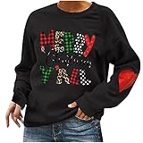 Hekbaep Damen Langarm Pullover Lässig Elegant Herbst WinterWeihnachten Plus Samtpullover Frohe Süßer Merry Christmas Buchstabendruck Rundhals Langarm Einfarbig Shirt 2021 Sweatshirt (Schwarz, S)