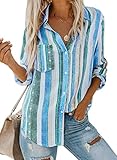 FIYOTE Hemd Damen Oberteile Revers Kragen Langarmshirt Casual Bluse Langarm Button-Down Hemdbluse Business 1-Blau XXL