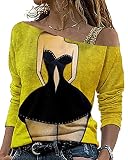 Tomwell Langarmshirt Damen Oberteile Hohles Schulterfreies Retro Print Elegant Basic Tshirt Langarm Shirt Bluse Tunika A Gelb M