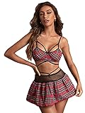 Romwe Damen Schulmädchen Kostüm Rollenspiel Dessous Harness Strappy BH und Rock Set, rot, Groß