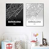 SHINERING Barcelona Karte Schwarz-Weiß-Druck Spanien Stadtplan Benutzerdefinierte Leinwand Malerei Wandkunst Poster Wohnkultur Bilder Für Raumdekoration 50 * 70 cm G