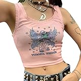 Tomwell Damen Nettes kurzes Ärmellos Tank Top Frauen Sommer ästhetisches T-Shirt Top Sexy Camisole Spaghettiträger Spitze Kurze Weste A Rosa S