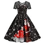 Weihnachtskleid Damen Elegant Vintage Elegante Kleider Damen Weihnachtskleid Santa's Print Cocktailkleid A-Linie Swing Abendk