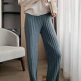 CWENROU Damen Hose Mit Weitem Bein - Lässige Damen Herbst Und Winter Dicke Strickhose Mode Blau Stretch Hohe Taille Lose Weite Hosen Warm Einfach Outdoor Sport Elegante Business Party,Blau,M