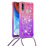 Jefencop Glitzer Handyhülle TPU Silikon für Motorola Moto E7 Power Silikonhülle mit Lanyard Schutzhülle Flüssigkeit Treibsand Verstärkte Ecken Erhöhte Kanten Cases für Motorola Moto E7 Pow