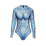 TiaoBug Einteiler Damen Wetlook Badeanzug Langarm Body Tops sexy Jumpsuit Overalls Meerjungfrau Bademode Fisch Schuppen Print Reizwäsche Blau B S-M