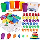 BBLIKE 3-IN-1 Montessori Mathe Spielzeug- Zählen und Rechnen, Passenden Sortierbechern, Würfeln, Pinzetten und Musterkarten, 6 Farben Cartoon Bären Zählspielzeug und Lernspielzeug