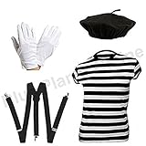 Blue Planet Online - Ladies French Mime Artiste T Shirt, Beret, Gloves & Braces Fancy Dress (Women: 10-12)