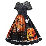 Halloween Kleid Damen Kürbis Druck Abendkleid A-Linie Partykleid Frauenkleid Spitzenkleid für Halloween Party Hingucker Festliche Kleider Kurzarm Hohe Taillen Knielang Cocktailkleid Halloween Kostü