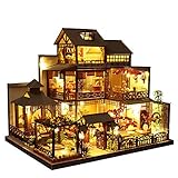 September - Japanischer Stil Retro Villa Puppenhaus Miniatur mit Möbeln, DIY Holz Puppenhaus Kit mit LED-Licht Maßstab 1:24 Kreatives Zimmer für Geburtstagsgeschenk